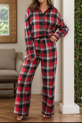 Plaid Long Sleeve Top and Pants Lounge Set Scarlet OutfitFlow